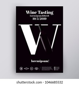 Template for poster design, flyer, cover for wine event. Wine letter concept and bottle illustration. Black background, classic and elegant style. Vector. Layered
