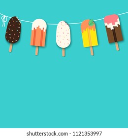 Template poster design with garland of paper ice cream with different confectionery and sauces. Summer sweets in modern paper art style, vivid colors. 