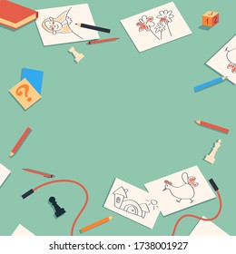 Template for poster design or a post, frame, square format, copy space. The concept of childhood, the floor in the room, children's things, drawings, pencils, toys, children's party. Vector stock.