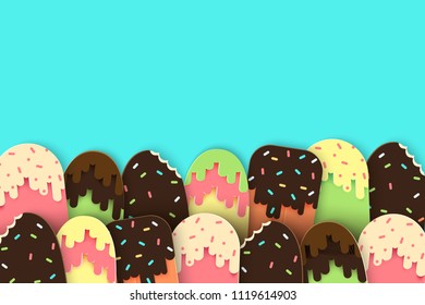 Template poster design with set of paper ice cream with different confectionery and sauces. Summer sweets in modern paper art style, vivid colors. 