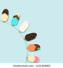 Template poster design with set of paper ice cream with different confectionery and sauces. Summer sweets in modern paper art style