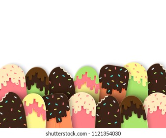 Template poster design with set of paper ice cream with different confectionery and sauces. Summer sweets in modern paper art style, pastel colors. Isolated on white