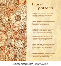 Template poster with doodle flowers and paisley for your business. Vector abstract grunge background for invitations, business documents, cards, flyers and placards. Sale brochure.