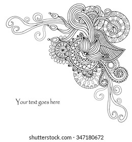 Template poster with doodle flowers and paisley for your business. Embroidery pattern background 