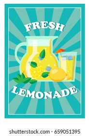 Template of poster or flyer for fresh lemonade. Jar and glass of classical drink with leaves of mint and ice. Vector illustration