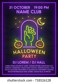 Template poster, flyer, invitation, banner. Happy Halloween Poster. Neon sign, bright signboard, light banner. Vector illustration.