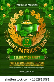 Template of poster or flyer for Saint Patrick's Day party with Leprechaun's treasure, green top hat, leaves of shamrock and flag of Ireland on green wooden boards background. Vector Illustration. 