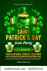 Template of poster or flyer for Saint Patrick's Day party with Leprechaun's treasure, green top hat, leaves of shamrock and beer glasses on green background with tartan pattern. Vector Illustration. 