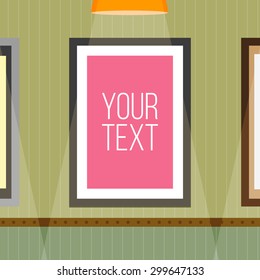 Template poster in frame hangs on wall with striped wallpaper. 