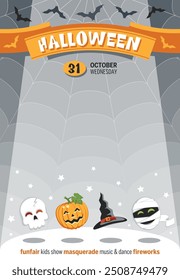 Template poster for Halloween with funny cartoon characters. Place for your text message. Flat design. Vector illustration.