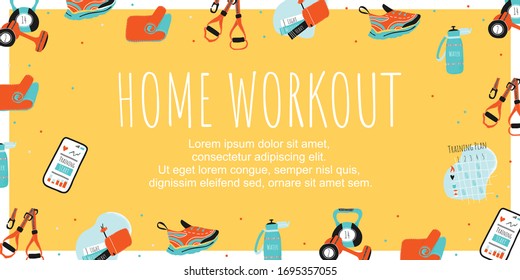 Template Poster Home Workout. Training Card With Fitness Trx, Yoga Mat, Sneakers, Plan, Phone. Vector Illustration In Modern Flat Style