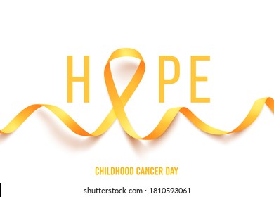 Template poster Hope for cancer awareness month with realistic gold ribbon. World childhood cancer symbol 15th of february, vector illustration.