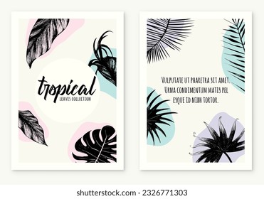 template poster illustration tropical plants and leaves, hand drawn style, outline sketch. web banner.