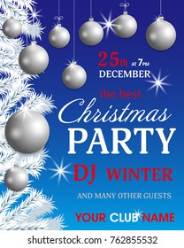 Template poster invitation Christmas party and New Year with tree white branches and silver balls. Holidays flyer design. Vector illustration.
