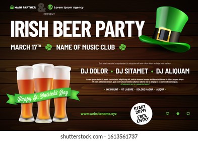 Template for poster or invitation to St. Patrick Day party with sample text in separate layer. Vector illustration.