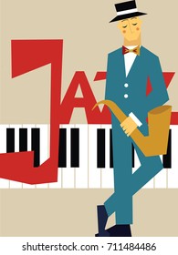 Template of poster for jazz music concert. Man with the saxophone and piano keyboard. Vector illustration.