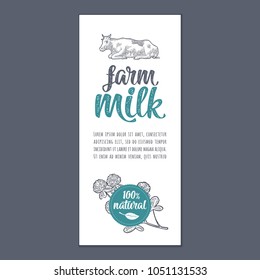 Template poster or label with cow and clover. Farm milk calligraphic handwriting lettering. Vintage monochrome vector engraving illustration. Isolated on white background.