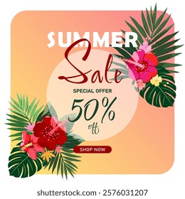 Template poster, leaflet, banner for summer discounts and sales. Botanical decoration with tropical leaves and flowers.