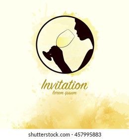 Template for poster, leaflet or invitation wine tasting. Woman doing a wine tasting. Silhouette of woman smelling a glass of wine. Vector