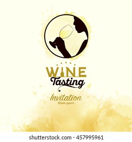 Template for poster, leaflet or invitation wine tasting. Woman doing a wine tasting. Silhouette of woman smelling a glass of wine. Vector