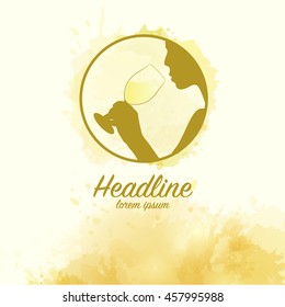 Template for poster, leaflet or invitation wine tasting. Woman doing a wine tasting. Silhouette of woman smelling a glass of wine. Vector