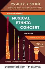 Template poster for a music concert with ethnic musical instruments. It is in a trending flat design. Vector illustration.