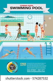 Template for a poster on the gym. Public swimming pool inside with blue water. Women engaged in water sports. Vector flat cartoon illustration