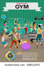 Template for a poster on the gym. Reception and  gymnasium. Woman goes in for sports. Vector flat cartoon illustration