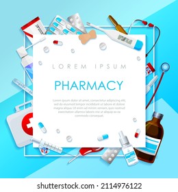 Template, poster for pharmacy and pharmacy business. Card with medication, stethoscope, thermometer, vaccine, drops, enema, patches, mask, blue background. Vector illustration