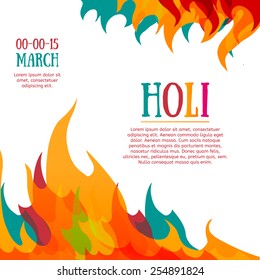 Template poster, postcard or invitation with multicolored abstraction. Holi celebrations. Colorful fire spray. Vector.