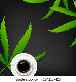 Template poster with realistic cup of coffee and cannabis leaf on marple background. Marijuana organic production. Modern green product. Vector Illustration