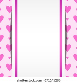 Template for a poster with a rectangular zone for text on a pink background with hearts. Valentines day pattern for congratulation or packing. Wedding background.