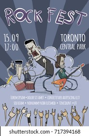 Template of poster for the rock festival or concert. Guitarist, drummer and singer characters. Heavy Rock Music band. Vector illustration in grunge style.