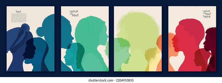 Template poster silhouette profile group people men and women of diverse cultures. Diversity cultural. Concept of racial equality. Multicultural community. Cover. Rainbow colors. Allyship