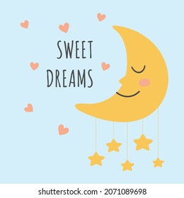 Template of poster with sleepy moon, hearts and stars. Doodle style. Good for baby room decoration, print, banner and fabric.