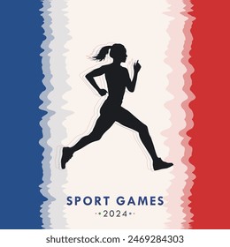 Template of poster for the sport championship in Paris featuring a silhouette of athletic woman running fast at running competition with the French flag as frame. Card with athlete