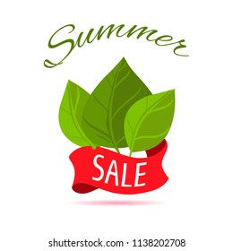 The template for the poster is a summer sale. Three green leaves.