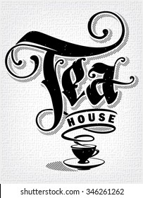 Plantilla de afiche a la casa de té. Letras dibujadas a mano