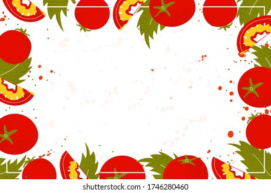 Template poster with tomato and leaf frame. Shop, sale, market background. Healthy food. Vector illustration 