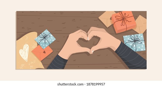 Template for poster for Valentines Day. people make gifts and souvenirs to their loved ones. Vector illustration for Happy Valentines day