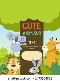Template Poster with zoo animals. Cute jungle animals cartoon illustration.
