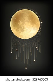 Template of poster/banner with realistic Red Moon with star rain. Vector image.