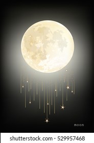 Template of poster/banner with white Moon with star rain. Vector image.