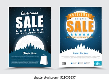 Template posters (flyers) for the New Year party. A set of brochures with the night sky, the moon, stars and snow hills with trees. Vector illustration. Set