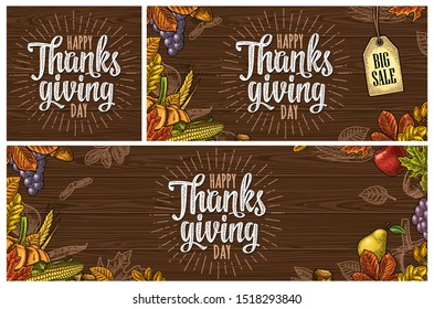 Template posters with Happy Thanksgiving day calligraphy lettering. Vector color vintage engraving illustration pumpkin, corn, leaf maple, acorn, seed chestnut on dark brown wood texture.