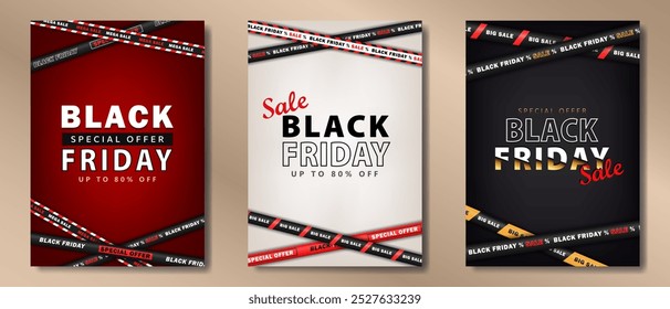 Template of posters with realistic crossed ribbons with text - big sale, Black Friday. Set of vertical promo banners with advertising text and 3d barricade tapes, discount stripes for online shopping