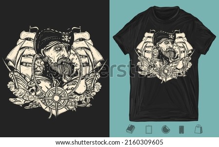 Template for posters, textiles, apparels and t-shirt design Old captain and pirate ships in dark background. Elderly sea wolf smocking pipe, parrot, compass, rope, wave