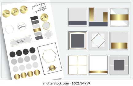Template of posts for social networks in gold and gray colors, trendy corporate style, vector