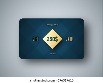 Template of a premium gift card with a gold diamond and text on a blue abstract background. Minimalist design. Vector illustration