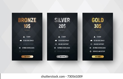 Template Of Premium Vector Price Tables With A Black Background With Rhombuses. Design Of Banners Of Bronze, Silver And Gold For Websites. Set